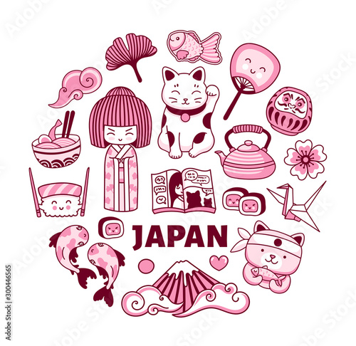 Set of japanese symbols in round shape. Japan travel concept for print, poster, postcard, card, t-shirt, art wall, banner. Vector cartoon illustration.