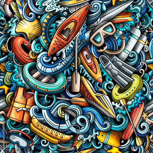 Cartoon cute doodles hand drawn water extreme sports seamless pattern.