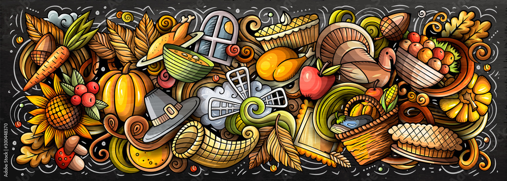 Happy Thanksgiving hand drawn cartoon doodles illustration. - obrazy, fototapety, plakaty 
