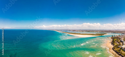 Aerial drone panoramic image of ocean waves on a Kings beach  Caloundra  Queensland  Australia