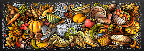 Happy Thanksgiving hand drawn cartoon doodles illustration.
