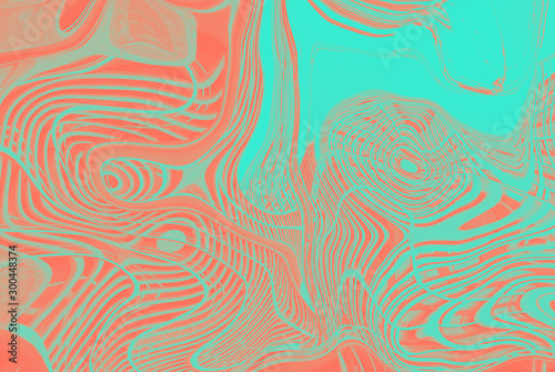Modern creative fluid background of lines and circles in trendy colors of 2019 and 2020. Mint and coral backdrop with copy space for text.