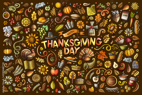 Colorful hand drawn doodle cartoon set of Thanksgiving objects and symbols