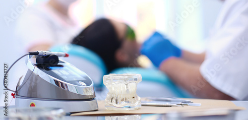 Dental equipment tools dentist medicine on desk photo