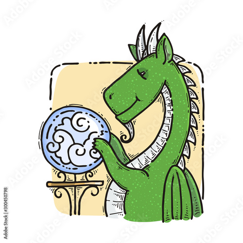 Dragon sitting and guesses on the crystal ball. Fairytale cute monster