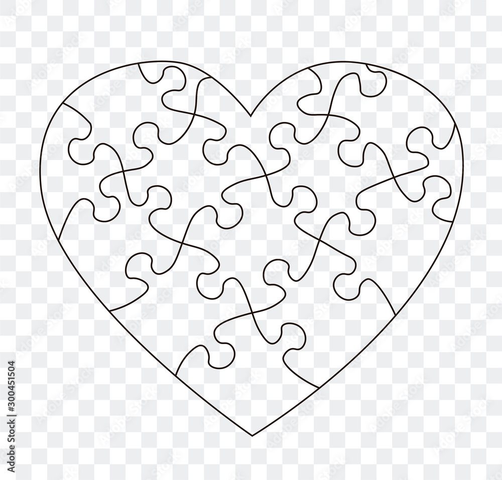 Puzzles grid vector. Black line jigsaw puzzle pieces. Heart shape frame template illustration.