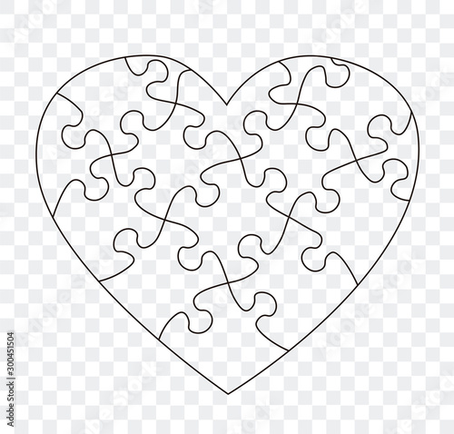 Puzzles grid vector. Black line jigsaw puzzle pieces. Heart shape frame template illustration.