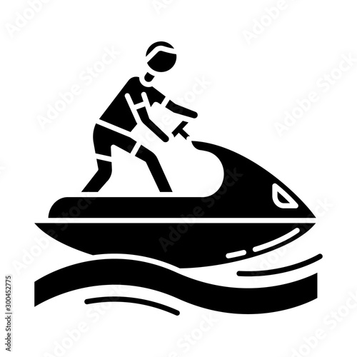 Jetskiing glyph icon. Summer activity. Jet ski riding. Man on water scooter. Watersports, extreme and dangerous kind of sport. Silhouette symbol. Negative space. Vector isolated illustration