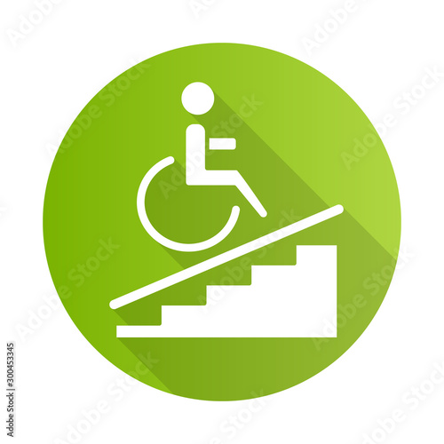 Wheelchair access green flat design long shadow glyph icon. Accessible to handicap people. Wheelchair ramp sign. Apartment amenities. Architectural barriers. Vector silhouette illustration