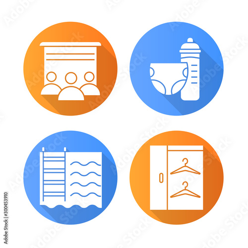 Apartment amenities flat design long shadow glyph icons set. Swimming pool, toddler room, movie theater, walk-in closet. Residential services. Luxuries for inhabitants. Vector silhouette illustration