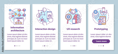 Software development onboarding mobile app page screen with linear concepts. UX designing, prototyping walkthrough 4 steps graphic instructions. UX, UI, GUI vector template with illustrations