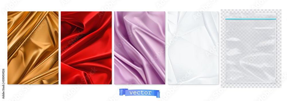 Gold and red fabric, violet curtain, white paper, transparent plastic package. 3d vector realistic backgrounds - obrazy, fototapety, plakaty 
