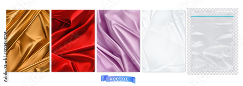 Gold and red fabric, violet curtain, white paper, transparent plastic package. 3d vector realistic backgrounds
