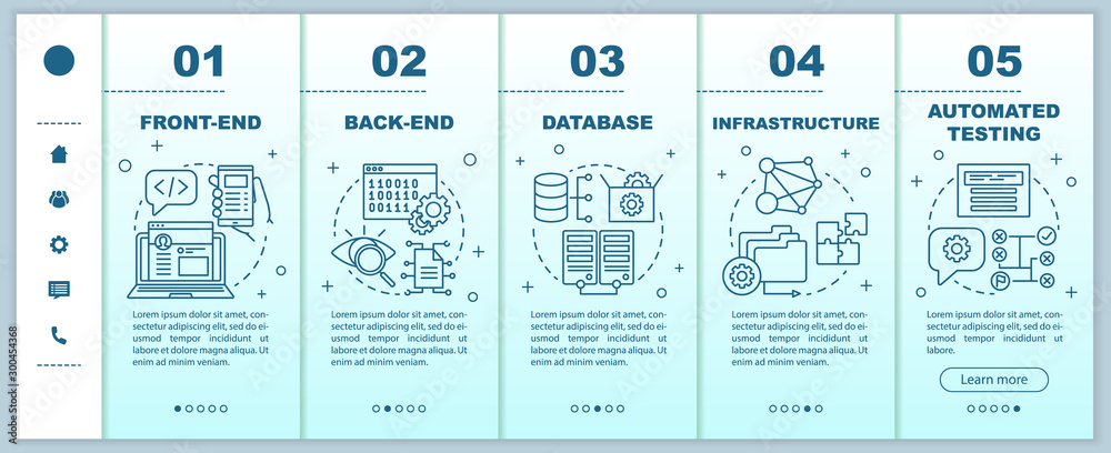 Front-end, back-end development onboarding mobile web pages vector template. Responsive smartphone website interface idea with linear illustrations. Webpage walkthrough step screens. Color concept