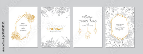 Golden and silver Christmas cards set with hand drawn tree branches and berries. Doodles and sketches vector illustrations, DIN A6
