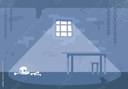 Empty prison cell flat vector illustrations set. Escape room interior with human skull. Searching solution, crime investigation, solving mysteries. Quest room. Modern entertainment