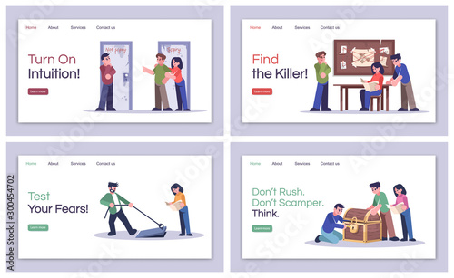 Quest room landing page vector templates set. Turn on intuition, website interface idea with flat illustrations. Test your fears homepage layout. Find killer web banner, webpage cartoon concept