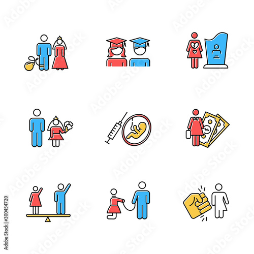 Gender equality color icons set. Forced marriage. Education equality. Maternity mortality. Child marriage. Female economic activity. Violance against trans woman. Isolated vector illustrations