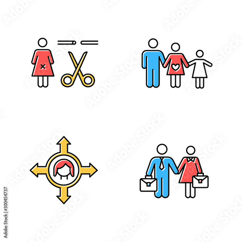 Gender equality color icons set. Forced sterilization. Woman's freedom of movement. Equal employment rights for woman and man. Family planning. Couple relationship. Isolated vector illustrations