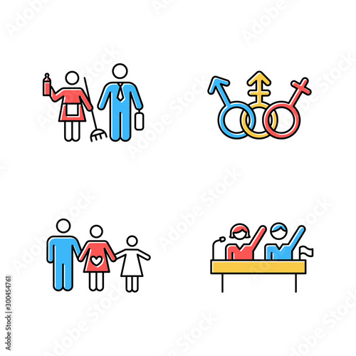 Gender equality color icons set. Politic rights. Transgender people, LGBTQ community. Female, male, trans sign. Gender stereotypes. Family planning. Couple relationship. Isolated vector illustrations