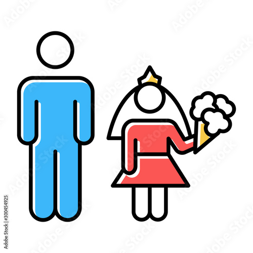 Child marriage color icons set. Girl and man, groom and bride. Forcible wedlock. Compulsory marriage. Female, male rights. Relationship with no consent. Criminal offense. Isolated vector illustrations