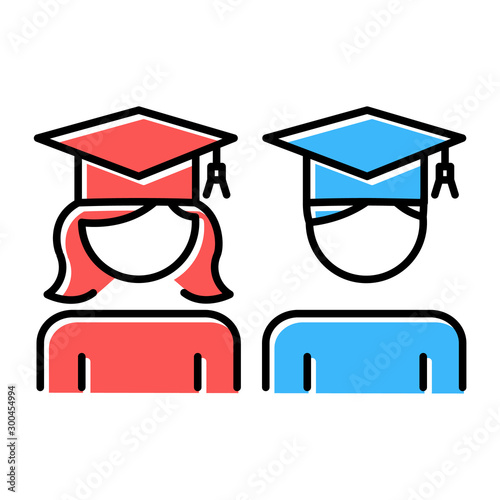 Education gender equality color icon. College students. University graduates. Girl, boy studying in school. Female, male human rights. Feminism, justice, democracy. Isolated vector illustration