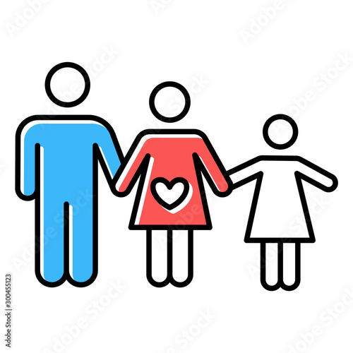 Family planning color icon. Husband and wife raising child. Loving mother and father with happy daughter. Healthy spousal relationship. Kid with parents. Isolated vector illustration