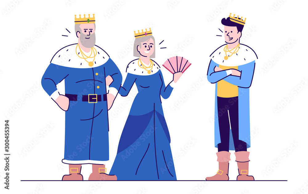 Medieval king, queen and prince flat vector illustration. Kingdom rulers  with son isolated cartoon characters with outline elements on white  background. Fairytale personages, kingdom rulers Stock Vector | Adobe Stock