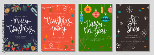 Christmas gift card and invitation set with lettering. Hand drawn design elements. Perfect for winter holidays and New Year greetings.