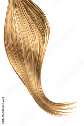 Brown shiny hair on white background, isolated. Long ponytail