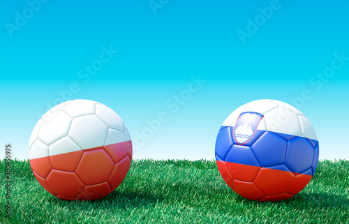 Two soccer balls in flags colors on green grass. Poland and Slovenia. Group G. 3d image
