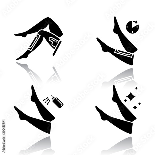 Leg waxing drop shadow black glyph icons set. Shin hair removal with natural cold  hot wax process. Female body depilation steps. Professional beauty treatment at home. Isolated vector illustrations