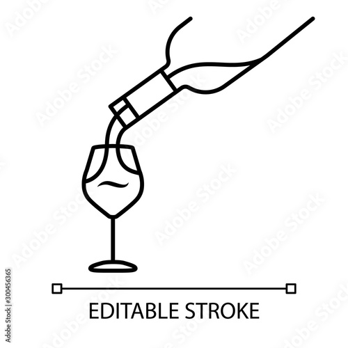Wine service linear icon. Alcohol beverage pouring in glass thin line illustration. Aperitif drink bottle contour symbol. Sommelier, winery. Vector isolated outline drawing. Editable stroke