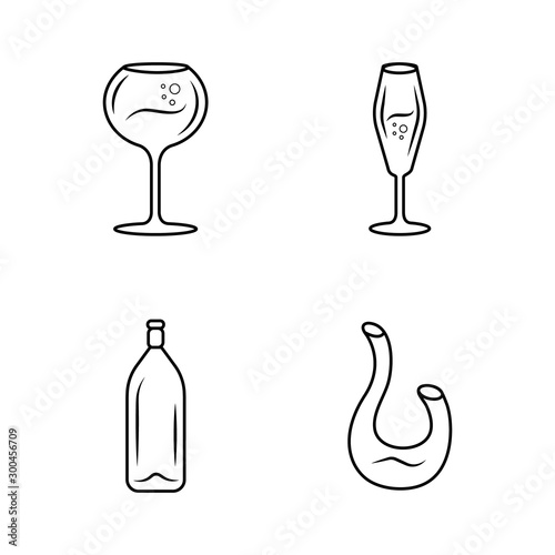 Dessert and sparkling wine linear icons set. Different types of wineglasses thin line contour symbols. Decanter, bottle. Aperitif drink. Isolated vector outline illustrations. Editable stroke