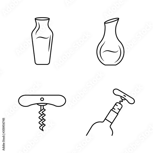 Wine linear icons set. Different types of decanters thin line contour symbols. Corkscrew, bottle opening tools. Barman equipment. Isolated vector outline illustrations. Editable stroke