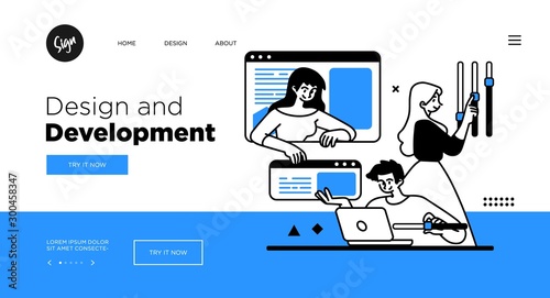 Designing Developing and programming technologies concept. Web page template with modern outline vector illustration.