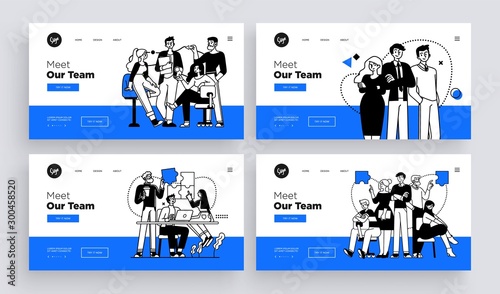Collection of succesfull team web page templates. Teamwork concept outline vector style.