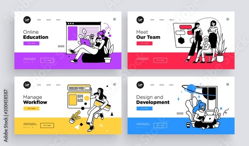 Set of Presentation slide templates or landing page websites design. Different business concept illustrations. Modern outline style.