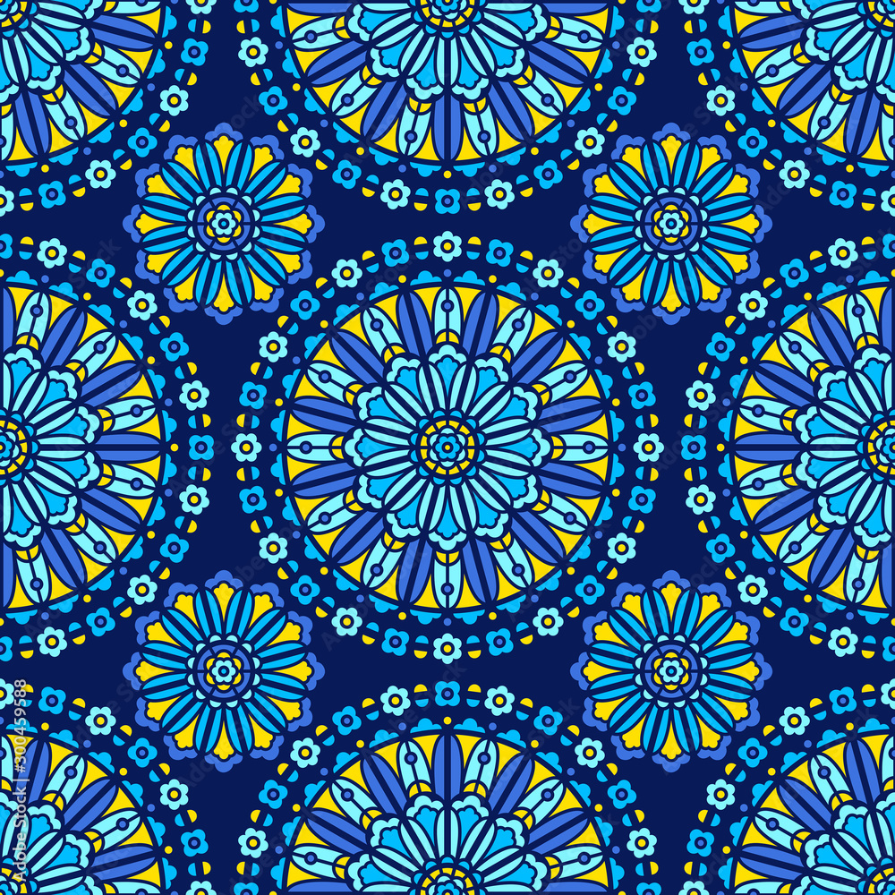 Stained glass seamless vector pattern. Circle flower shapes, stylized rose window round ornaments, tracery. Floral motive texture. Colorful stained-glass mosaic decoration on dark blue background.