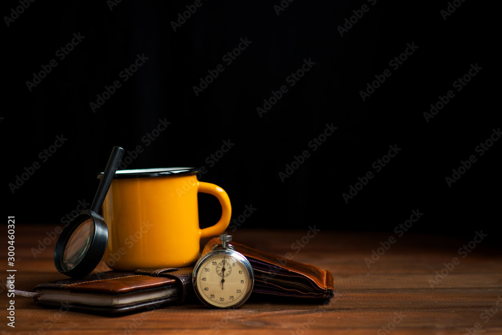 business concept wooden desk, mug, leather wallet, magnifier, retro watch business concept wooden desk, mug, leather wallet, magnifier, retro watch