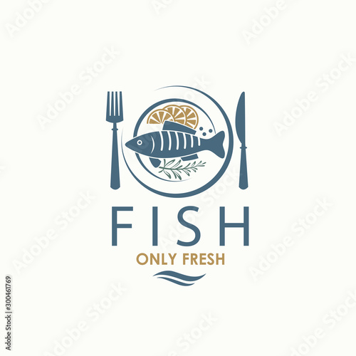 seafood menu design with fish on plate isolated