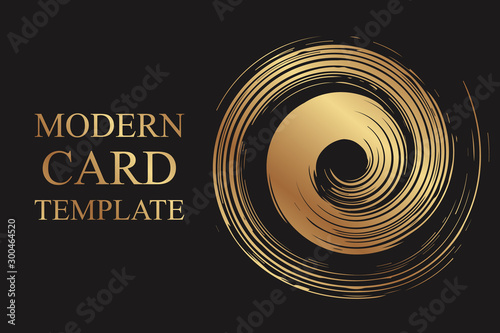 Modern geometric luxury card template for business or presentation or greeting with golden grunge spiral on a black background.
