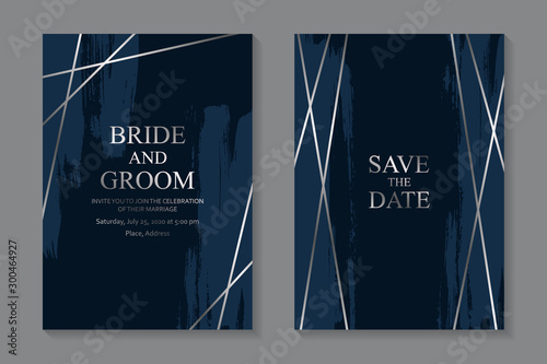 Set of modern grunge luxury wedding invitation design or card templates for business or presentation or greeting with silver lines and paintbrush on a navy blue background.