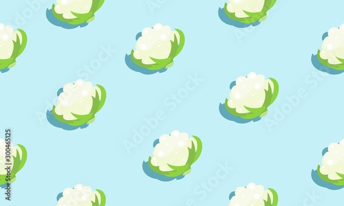 Seamless blue background with cauliflower heads  with shadow. Vector vegetables illustration design for template.