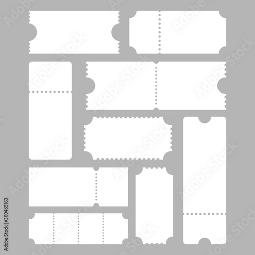 Blank ticket templates set. Concert, festival, cinema, coupon, cinema tickets. Vector illustration isolated on gray background