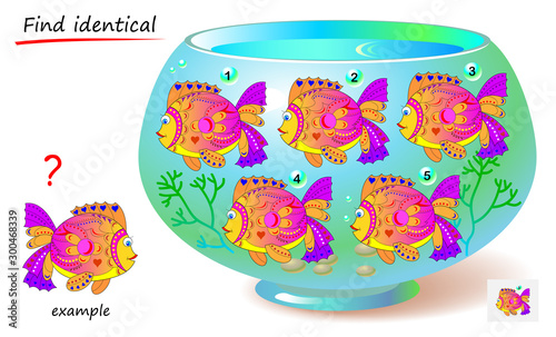 Logic puzzle game for children and adults. Find reflection of fish identical the example. Printable page for kids brain teaser book. Developing spatial thinking skills. IQ test. Vector cartoon image.