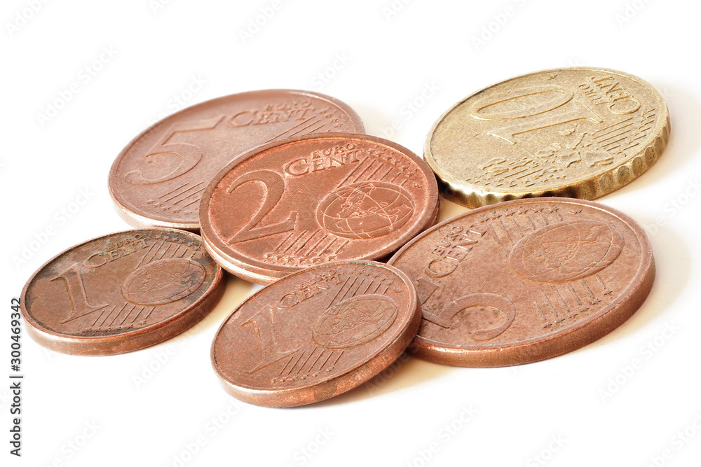 Group of euro cent coins isolated on white background