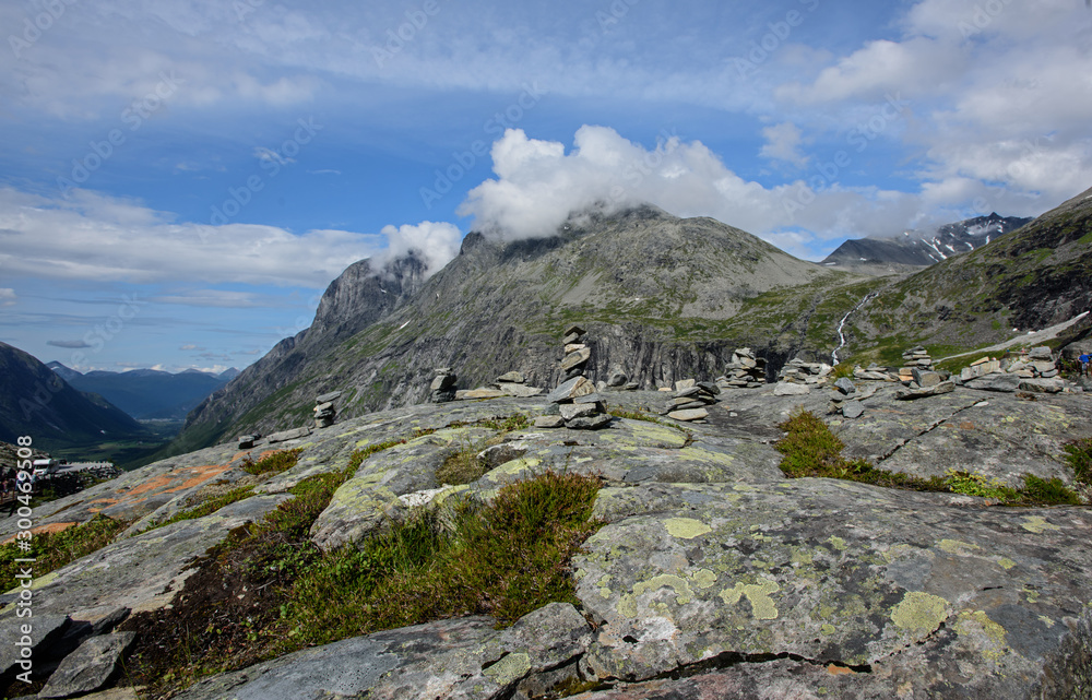 Scenic view of Trolltindene mountain range