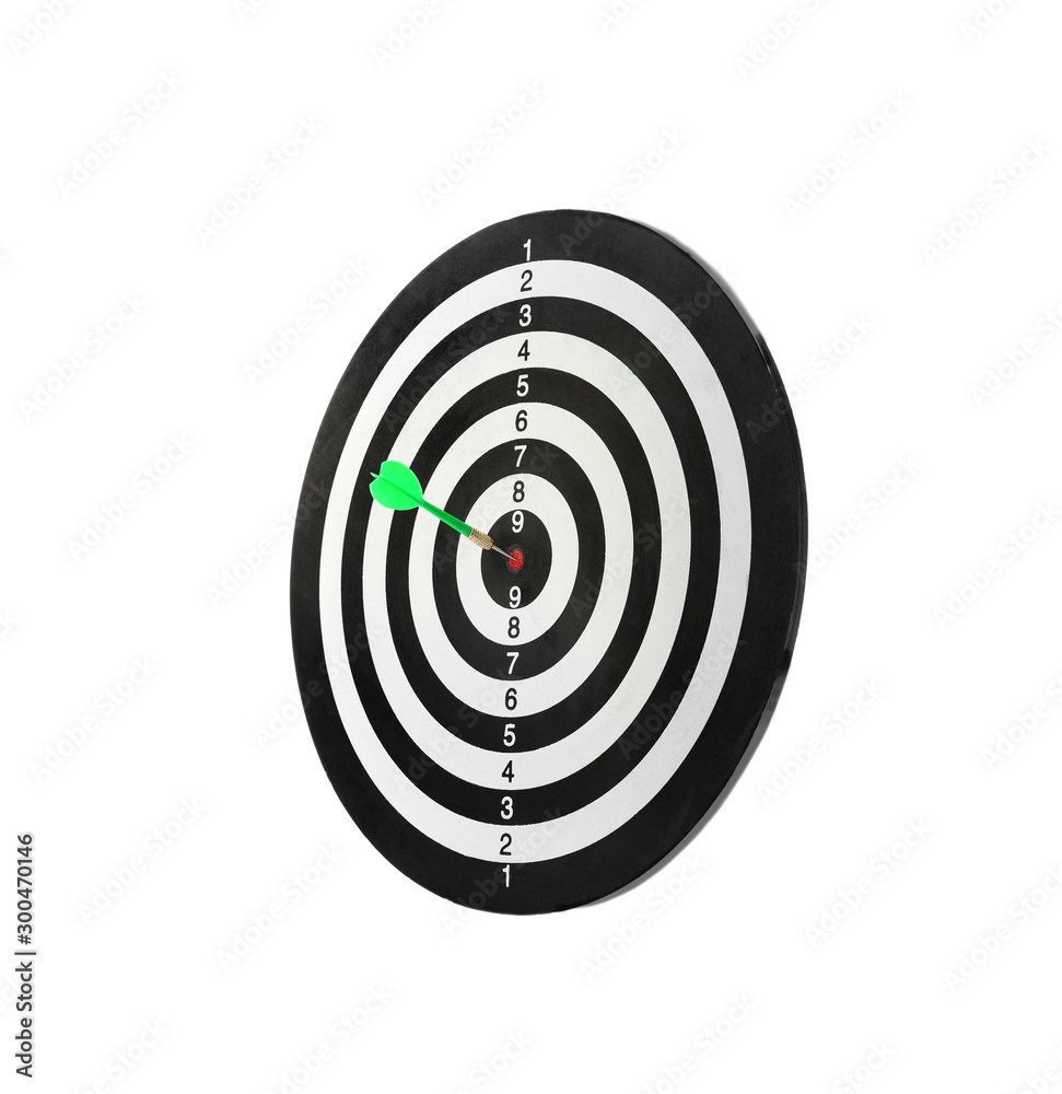 Green arrow hitting target on dart board against white background Green arrow hitting target on dart board against white background