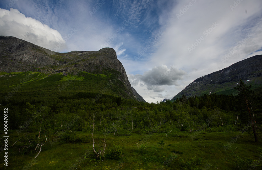 Scenic view of Trolltindene mountain range